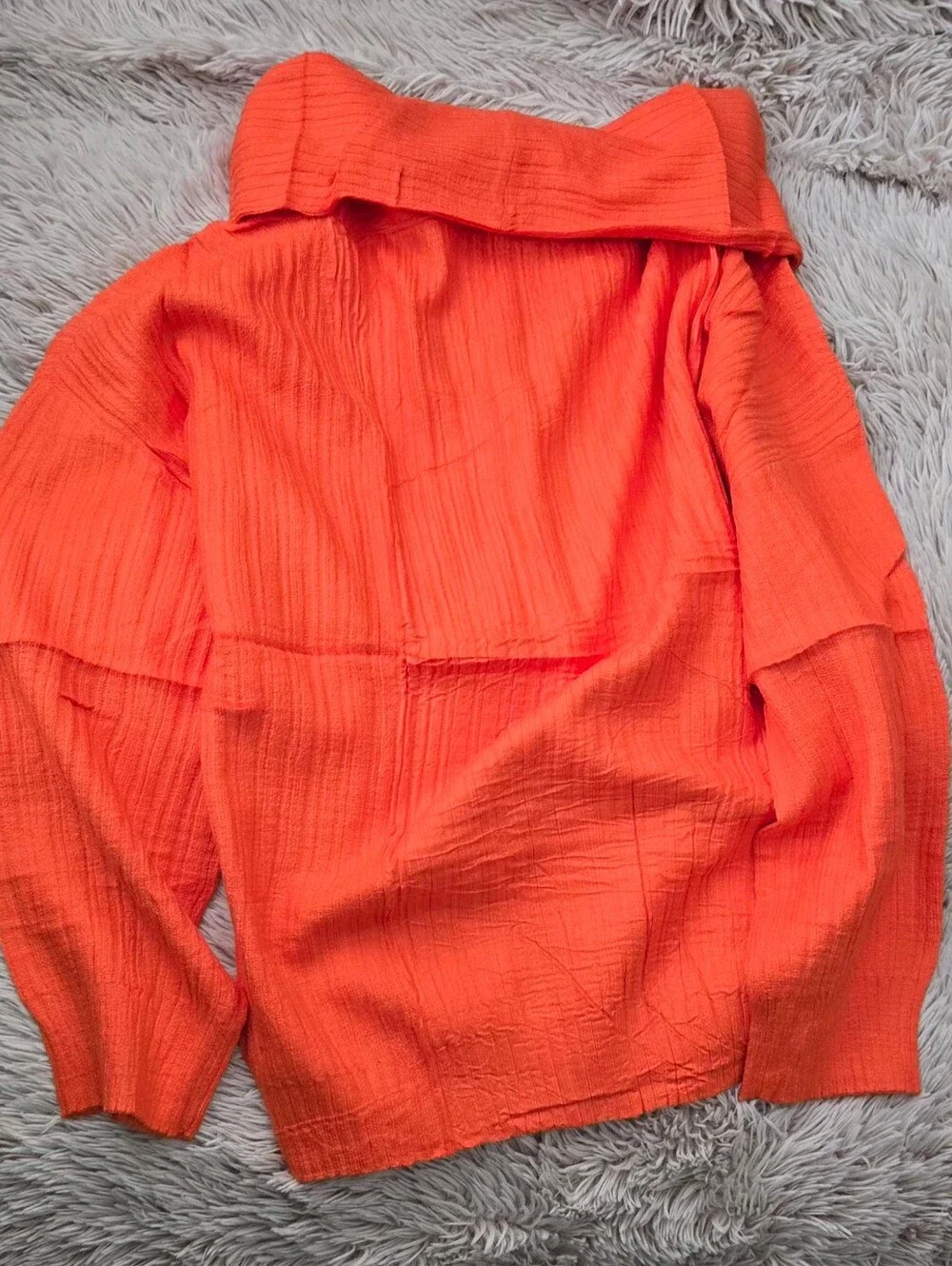 Ribbed Off-Shoulder Cowl Neck Sweater - Orange #1305 - Picture 4 of 7
